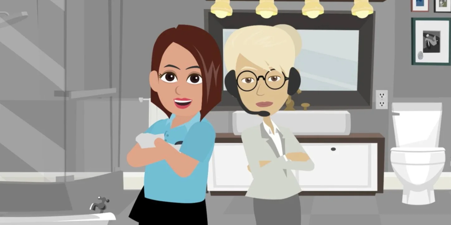 Animated CleanSmart Academy trainers in a bathroom training scene.